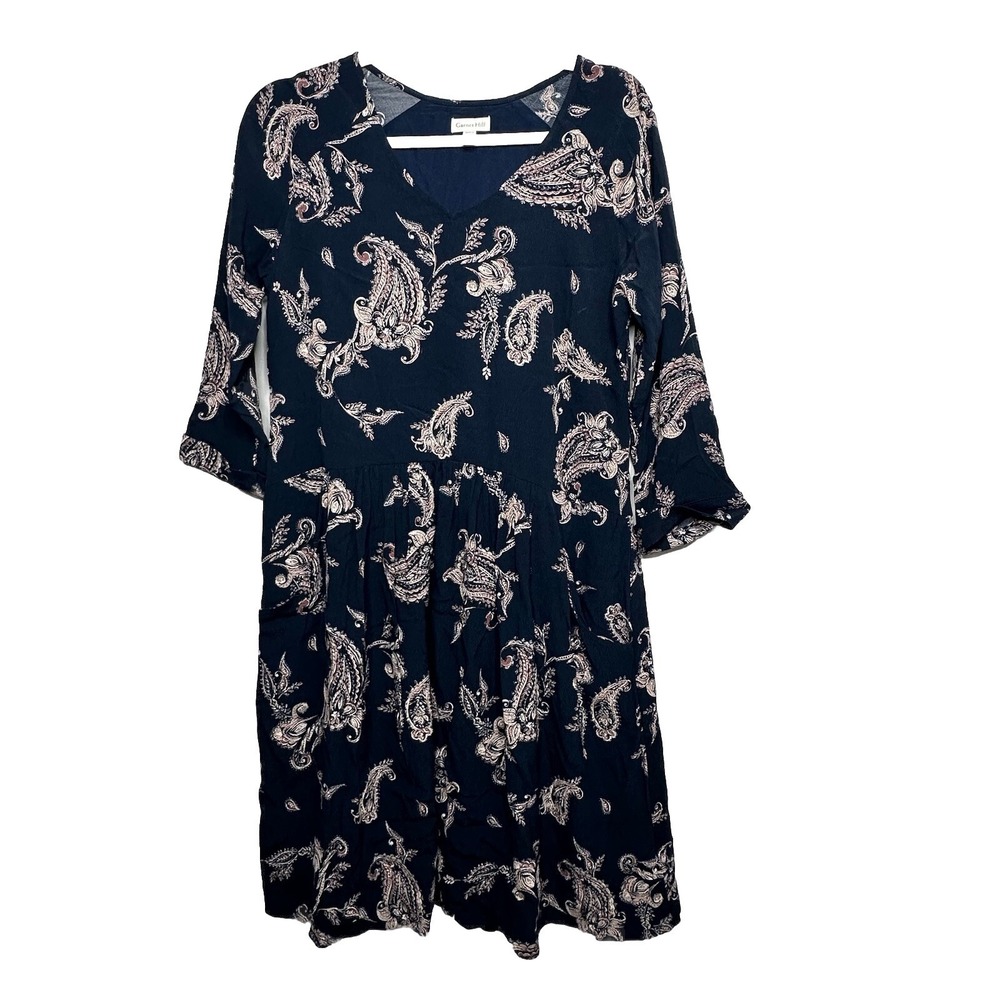 Garnet Hill Bohemian Pocket-Detail Dress Size 4 Navy Blue Paisley Print‎
